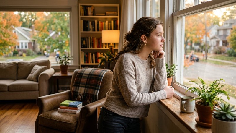 Un adolescente pensativo mirando por la ventana del salón con luz natural cálida