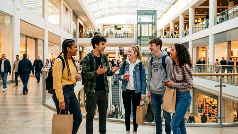 Un grupo de adolescentes charlando animados en un centro comercial luminoso