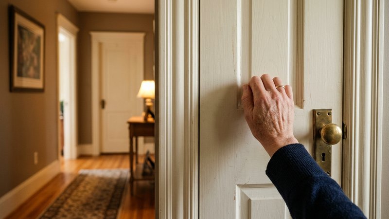Una mano adulta llamando suavemente a la puerta de una habitación en un pasillo de casa