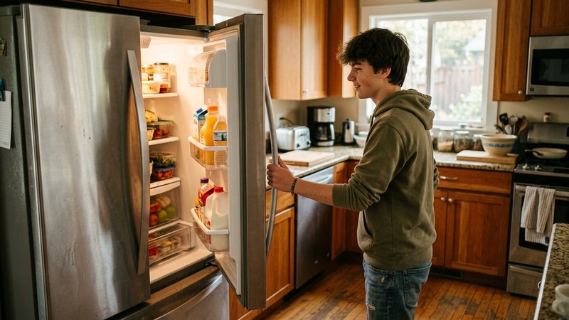Un adolescente abriendo la nevera en la cocina de casa con gesto relajado