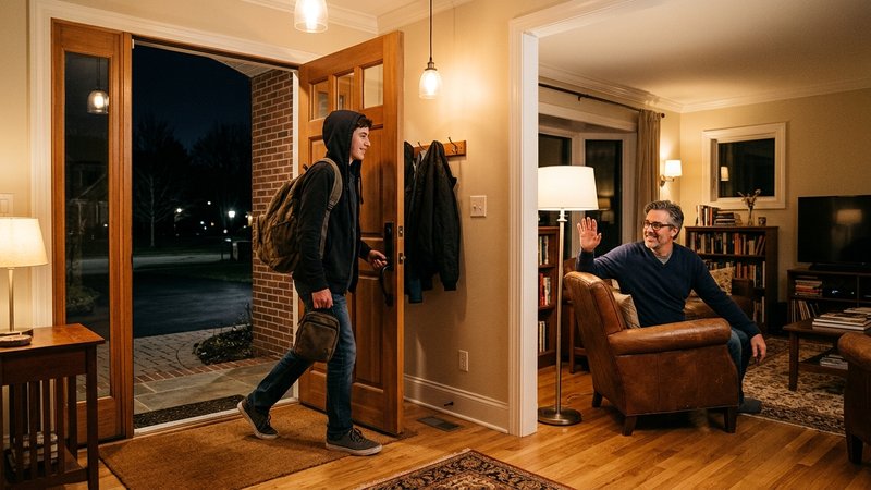 Un adolescente entrando por la puerta de casa a una hora razonable, mientras su padre lo saluda desde el salón con un ge