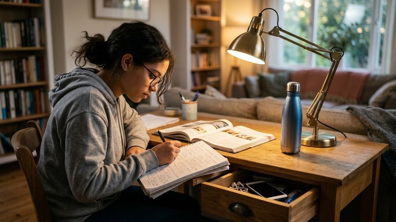 Un adolescente estudiando concentrado en un escritorio ordenado del salón, con el móvil apagado y guardado en un cajón e
