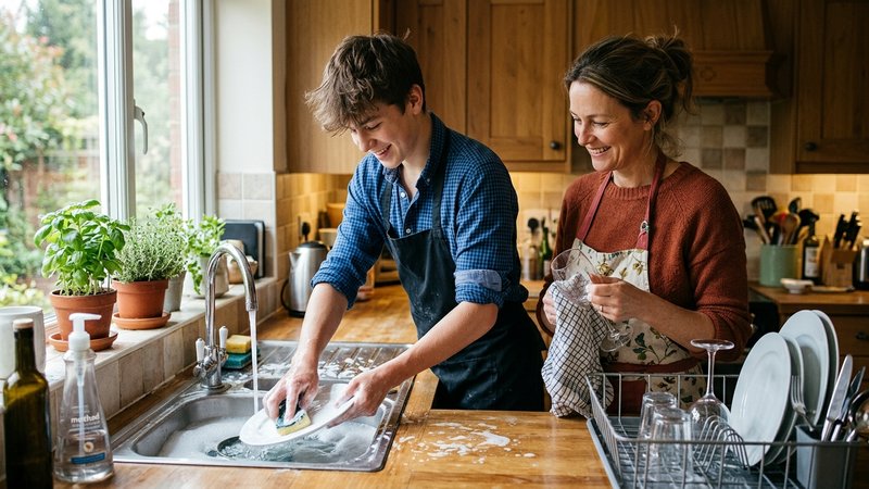 Un adolescente fregando los platos en la cocina con las mangas remangadas, colaborando con gesto natural, mientras su ma