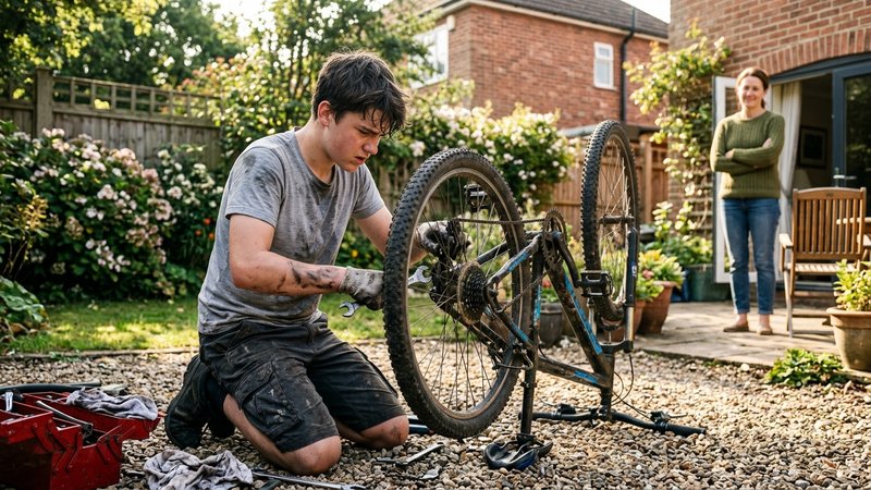 Un adolescente intentando reparar una bicicleta en el patio de casa, con las manos manchadas de grasa y el ceño fruncido