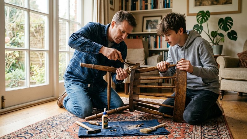 Un adolescente y su padre reparando juntos una silla de madera en el salón, el chico sujetando una pieza mientras el pad