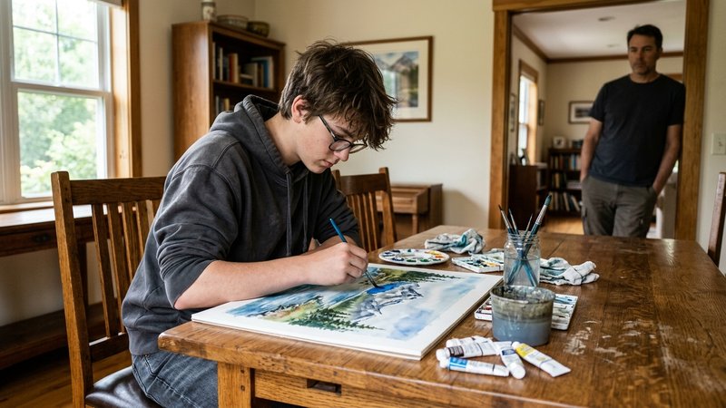 Un adolescente pintando con acuarelas sobre un papel grande en la mesa del comedor, muy concentrado, mientras su padre l