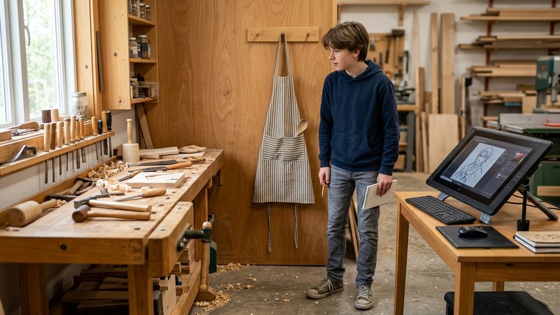 Un adolescente probando distintos caminos en un taller luminoso: un banco de trabajo con herramientas de madera, un dela