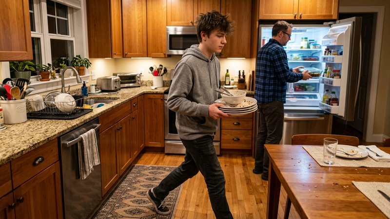 Un adolescente recogiendo la mesa después de cenar y llevando los platos al fregadero de la cocina, con gesto natural y