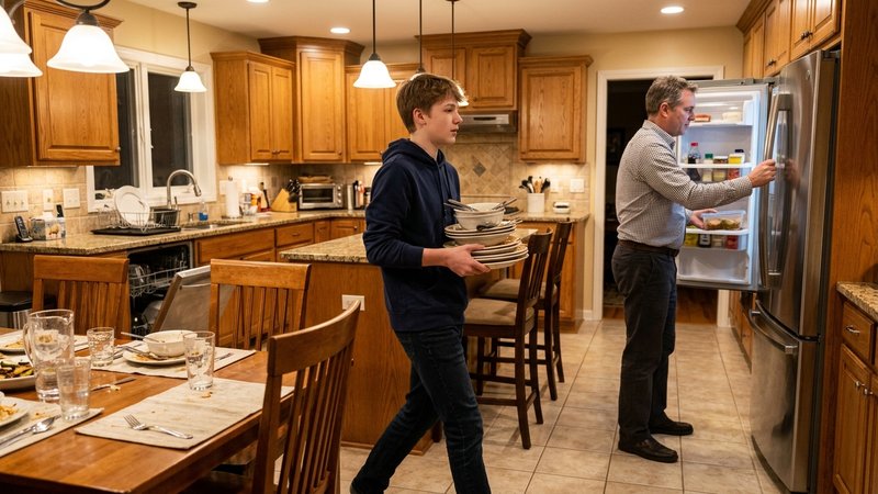 Un adolescente recogiendo la mesa después de cenar y llevando los platos a la cocina, con gesto natural, mientras su pad