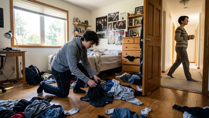 Un adolescente recogiendo su ropa del suelo de su habitación luminosa a plena luz del día, con la persiana subida, mient