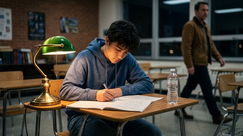 Un adolescente sentado al escritorio del salón estudiando por decisión propia, con un flexo encendido, una libreta abier