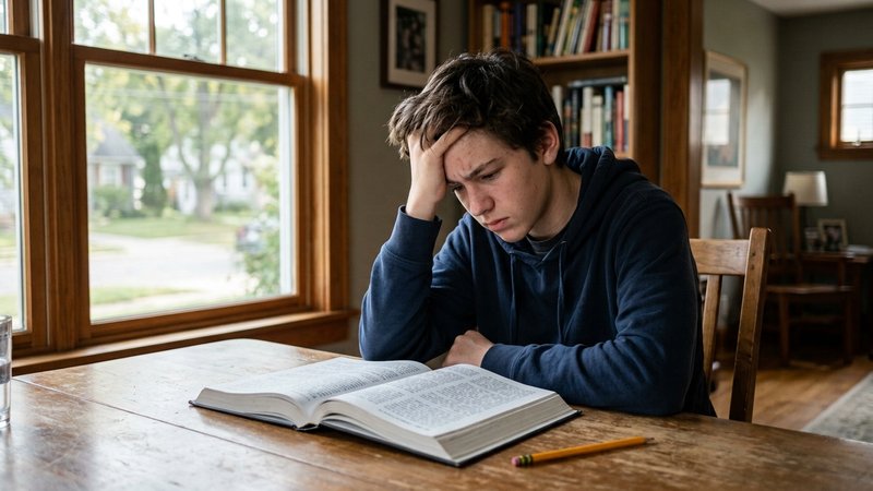 Un adolescente sentado a la mesa del comedor con un libro abierto, apoyando la frente en la mano con expresión de bloque