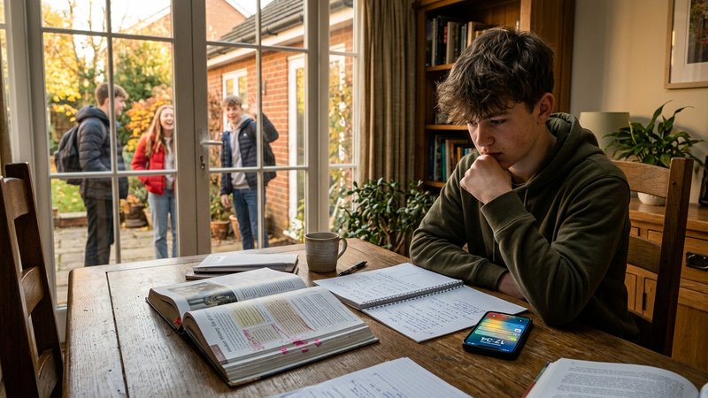 Un adolescente sentado a la mesa del comedor con libros y cuadernos abiertos, mirando de reojo el móvil que se ilumina j