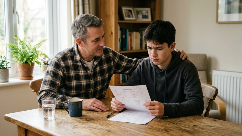 Un adolescente sentado a la mesa del comedor mirando un examen corregido con gesto de decepción contenida, mientras su p