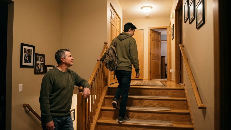 Un adolescente subiendo tranquilo las escaleras de casa hacia su habitación para tomarse una pausa, sin portazos, mientr