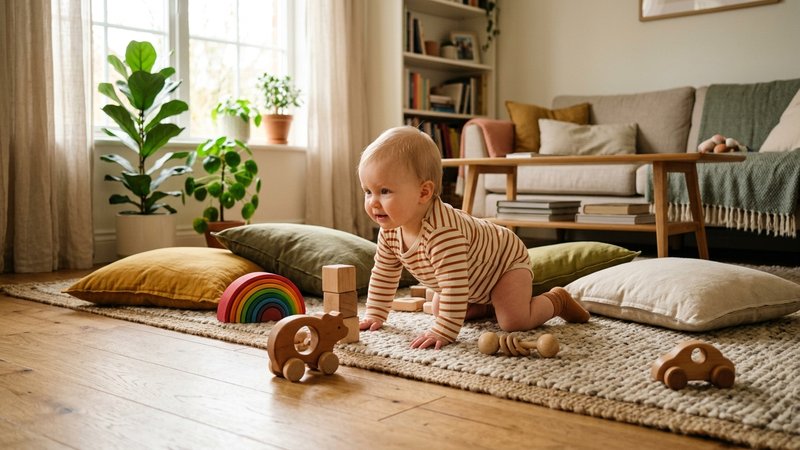Un bebé explorando el suelo del salón, desplazándose entre cojines y juguetes de madera en un ambiente hogareño y lumino