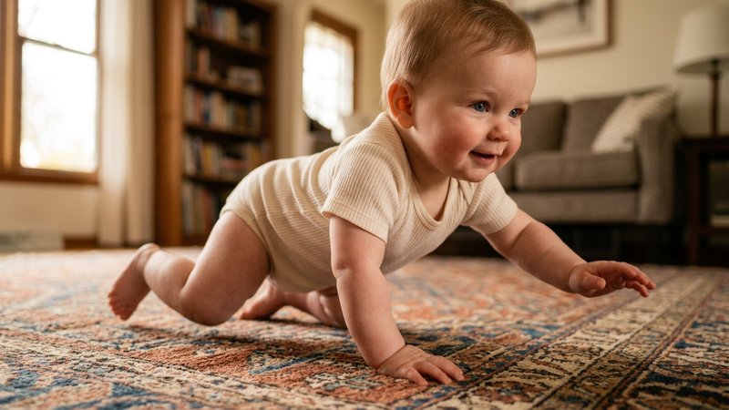 Un primer plano de un bebé gateando sobre una alfombra, moviendo el brazo de un lado y la pierna contraria, con luz suav
