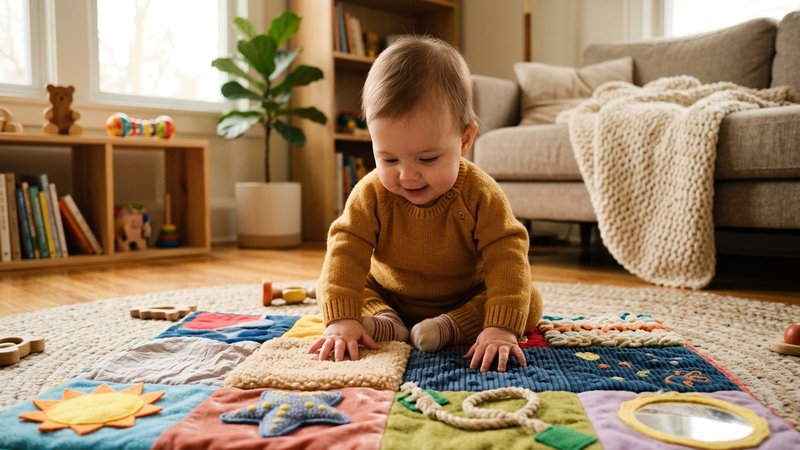 Un bebé tocando con las manos las distintas texturas de una alfombra de juegos en el suelo del salón