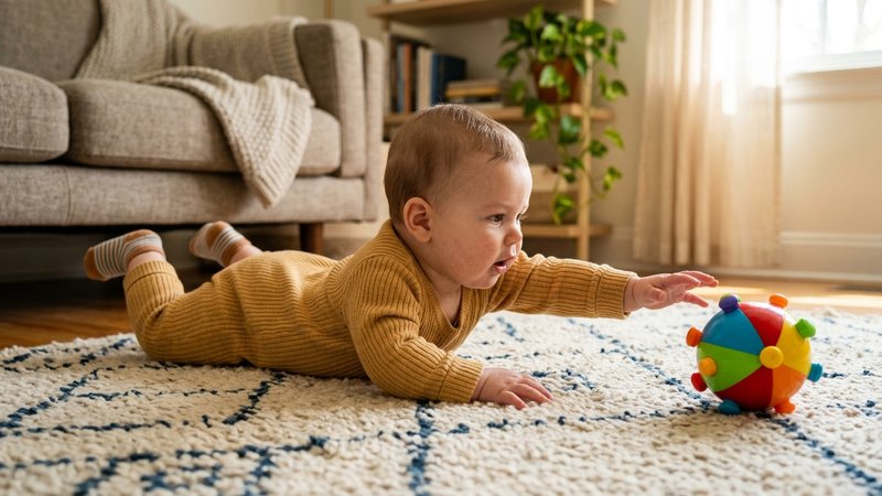 Un bebé boca abajo sobre la alfombra estirándose hacia un juguete de colores colocado justo delante, fuera de su alcance