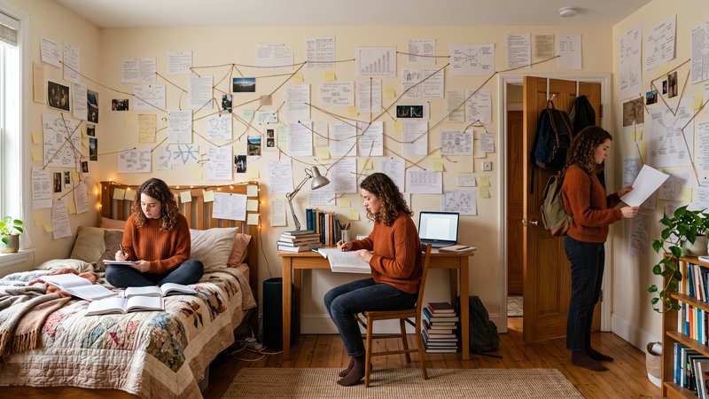 Esta técnica suena rara, pero es muy útil cuando tienes mucho contenido y poco tiempo. Consiste en usar el espacio físico donde estudias como una especie de mapa mental. Tu habitación se convierte en memoria.