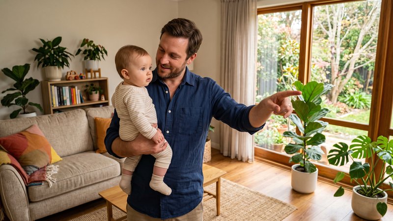 Una idea muy simple es cargar al bebé y enseñarle la casa como si fuera la primera vez que la ve. Aunque parezca que no entiende, está escuchando palabras asociadas a objetos reales.