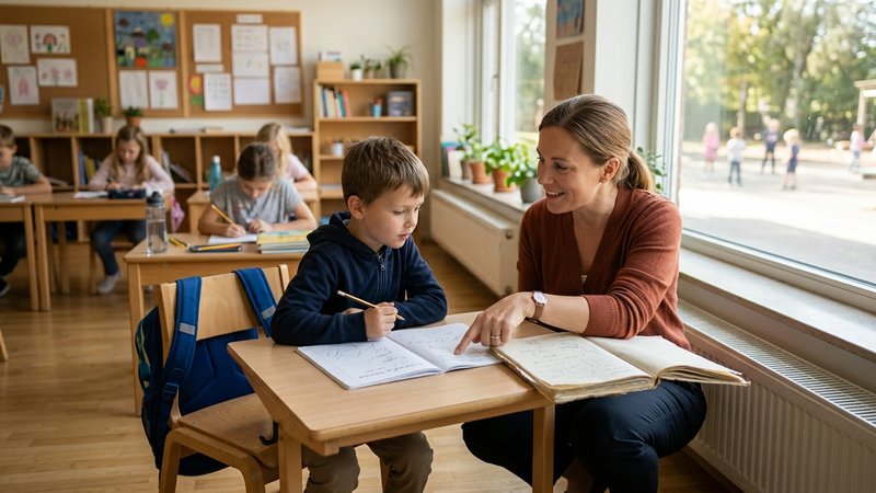Un aula de primaria luminosa y despejada, con un niño trabajando en un pupitre situado junto a la ventana, un poco apart