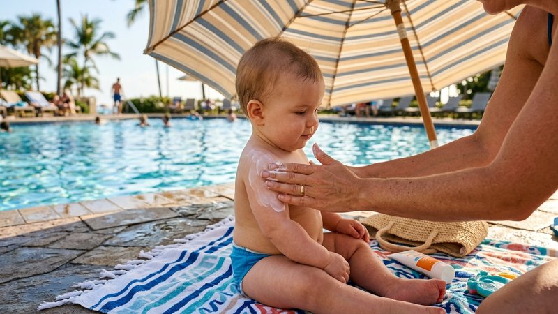 Una mano adulta aplicando protector solar en el hombro de un bebé sentado sobre una toalla junto a una piscina, bajo una