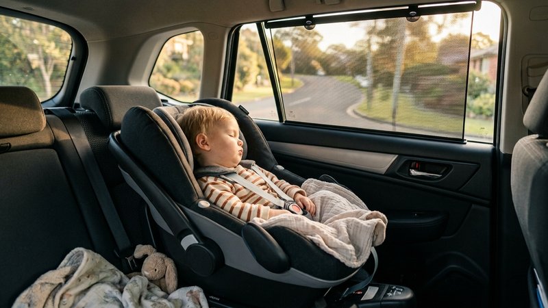 Un asiento infantil de coche con un parasol colocado en la ventanilla, luz de tarde entrando suave por el cristal