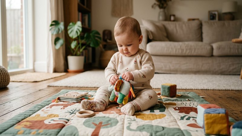 Un bebé vestido sobre una manta de juegos en el suelo del salón, explorando tranquilo con las manos, luz natural suave