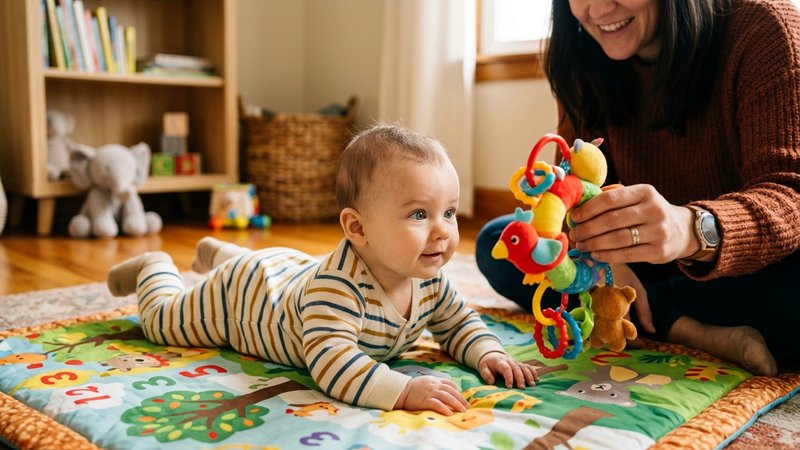 Un bebé siguiendo con la mirada un juguete de color llamativo que sostiene un adulto frente a él, sobre una manta de jue