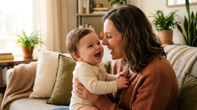 Un bebé sonriendo con alegría a su madre, que le habla muy cerca de su cara en el salón