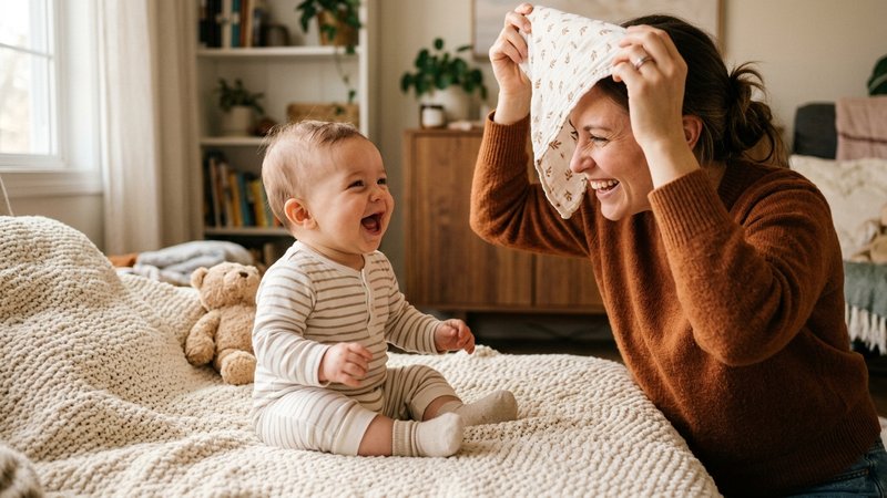 Una madre jugando a taparse la cara con las manos frente a su bebé, que ríe divertido sobre una manta suave