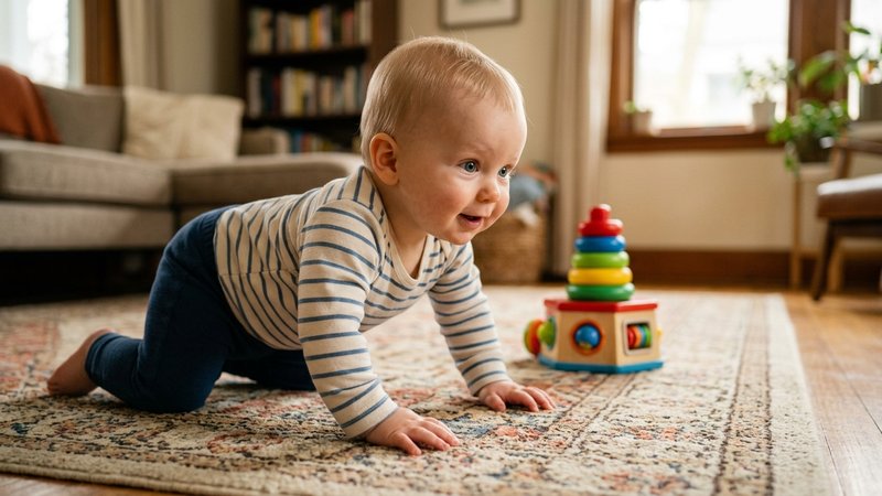 Un bebé gateando por la alfombra del salón hacia un juguete colorido, con expresión curiosa