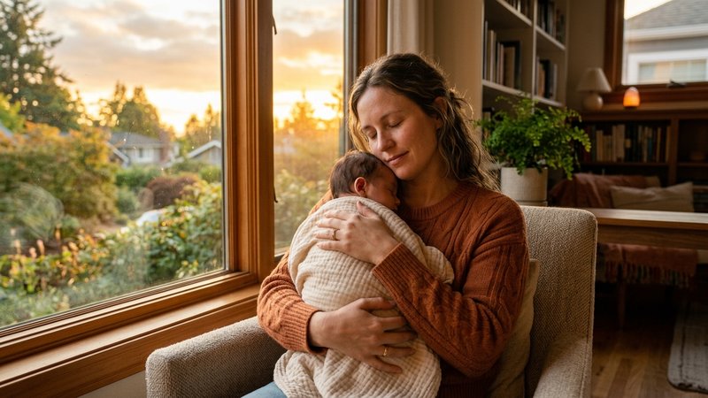 Una madre abrazando con calma a su bebé junto a la ventana del salón, luz cálida de atardecer entrando por el cristal