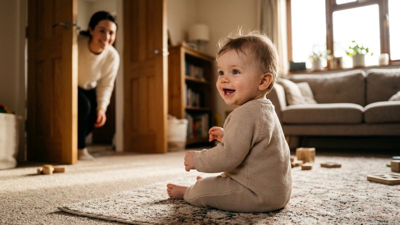 Un bebé de unos ocho meses girando la cabeza hacia su madre, que acaba de entrar en la habitación, con los ojos muy abie