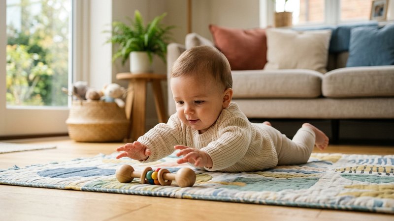 Un bebé vestido boca abajo estirando las manitas hacia un juguete de madera colocado sobre una manta de juegos en un sal