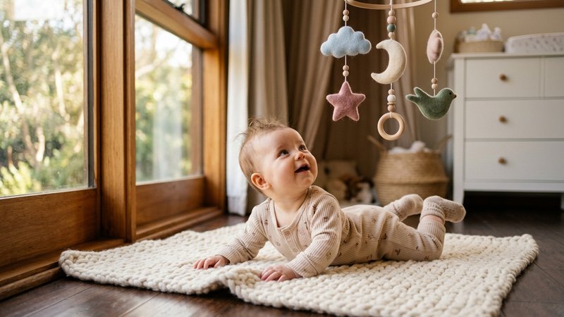 Un bebé vestido boca abajo sobre una manta, siguiendo con la mirada un móvil de colores suaves que cuelga sobre él, cerc