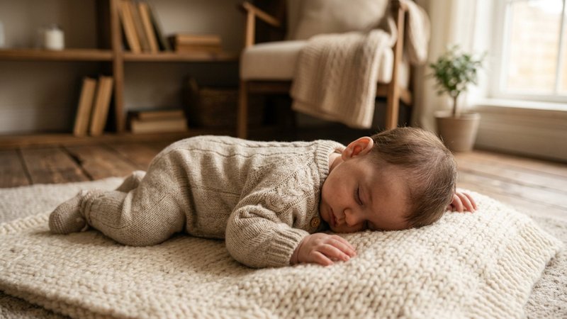 Un bebé vestido tumbado boca abajo sobre una manta, con la parte de atrás de la cabeza redondeada y bien apoyada, en un