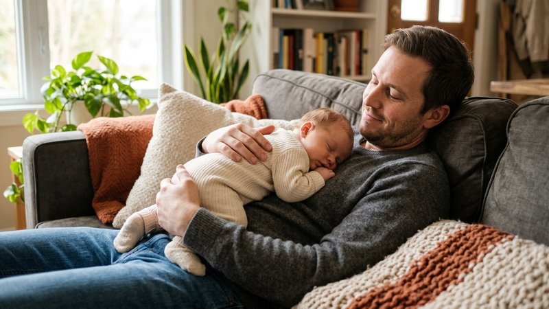 Un padre sosteniendo con cariño a su bebé vestido tumbado boca abajo sobre su pecho, ambos relajados en un sofá del saló