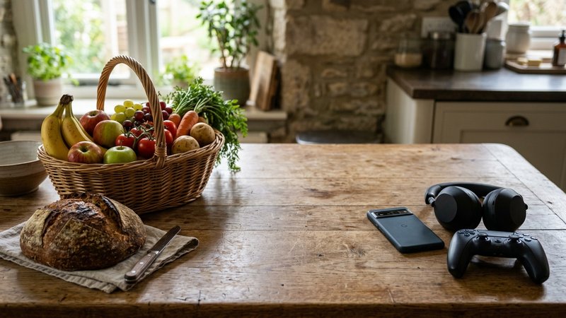 Un bodegón cotidiano sobre la mesa de una cocina: una cesta con pan, fruta y verduras a un lado, y al otro lado un móvil