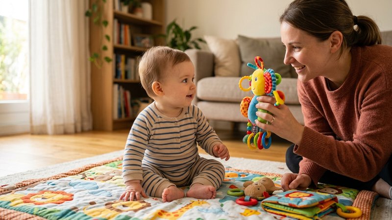 Un bebé vestido sobre una manta de juegos girando la cabeza para seguir un juguete de colores que sostiene un adulto a s