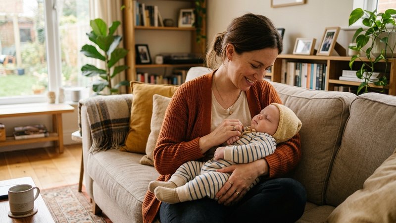 Una madre sosteniendo con suavidad a un bebé vestido y relajado, apoyando con la mano su cabeza y su espalda, en el saló