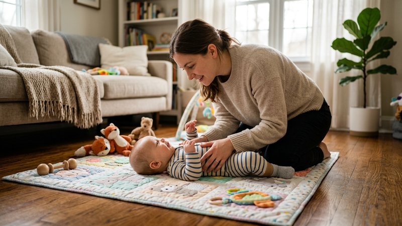 Una madre recolocando con suavidad la posición de un bebé vestido sobre una manta de juegos en el suelo del salón, ambie