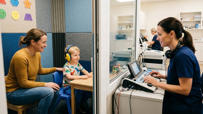 Una cabina de audiología infantil luminosa, con un niño pequeño sentado llevando unos auriculares acolchados mientras un