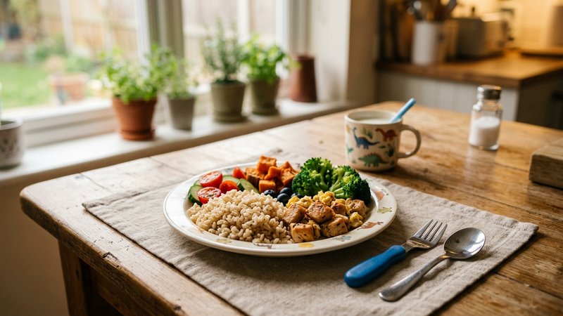Una mesa de cocina con un plato colorido de comida variada para un niño, con proteína, cereal integral y verduras, luz c