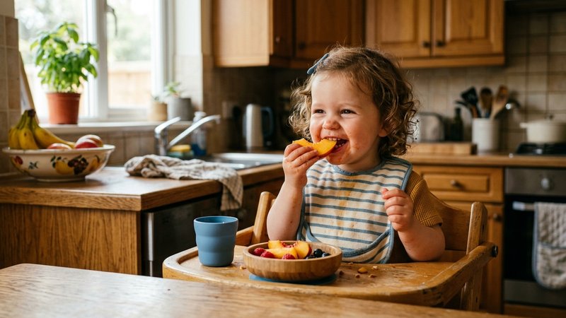 Un niño pequeño sonriente comiendo un trozo de fruta fresca en la cocina de casa