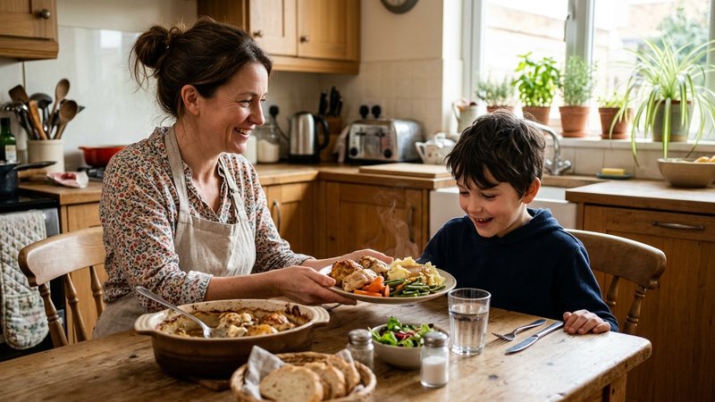 Una madre sirviendo un plato de comida casera variada a su hijo en la mesa de la cocina