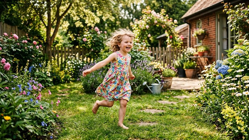 Un niño corriendo felizmente en el jardín de casa un día soleado
