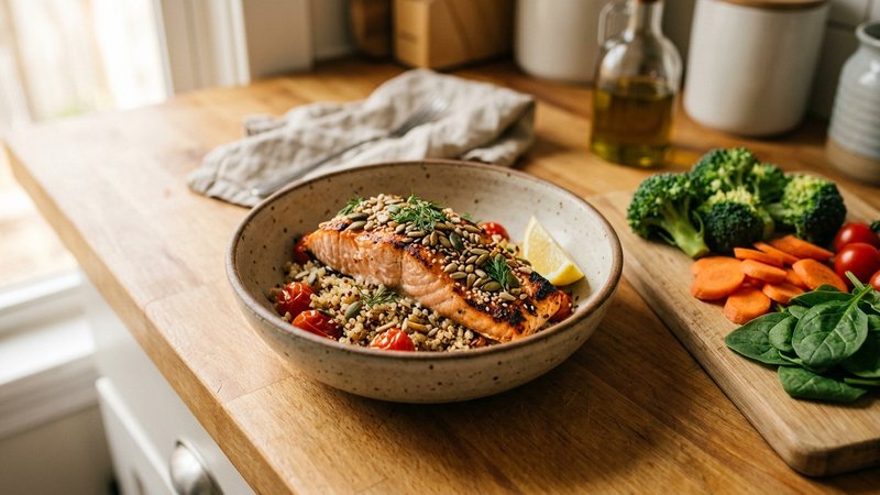 Un cuenco con salmón al horno y semillas junto a verduras frescas sobre la encimera de la cocina
