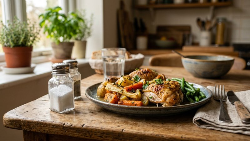 Un salero pequeño junto a un plato de comida casera sobre la mesa de la cocina